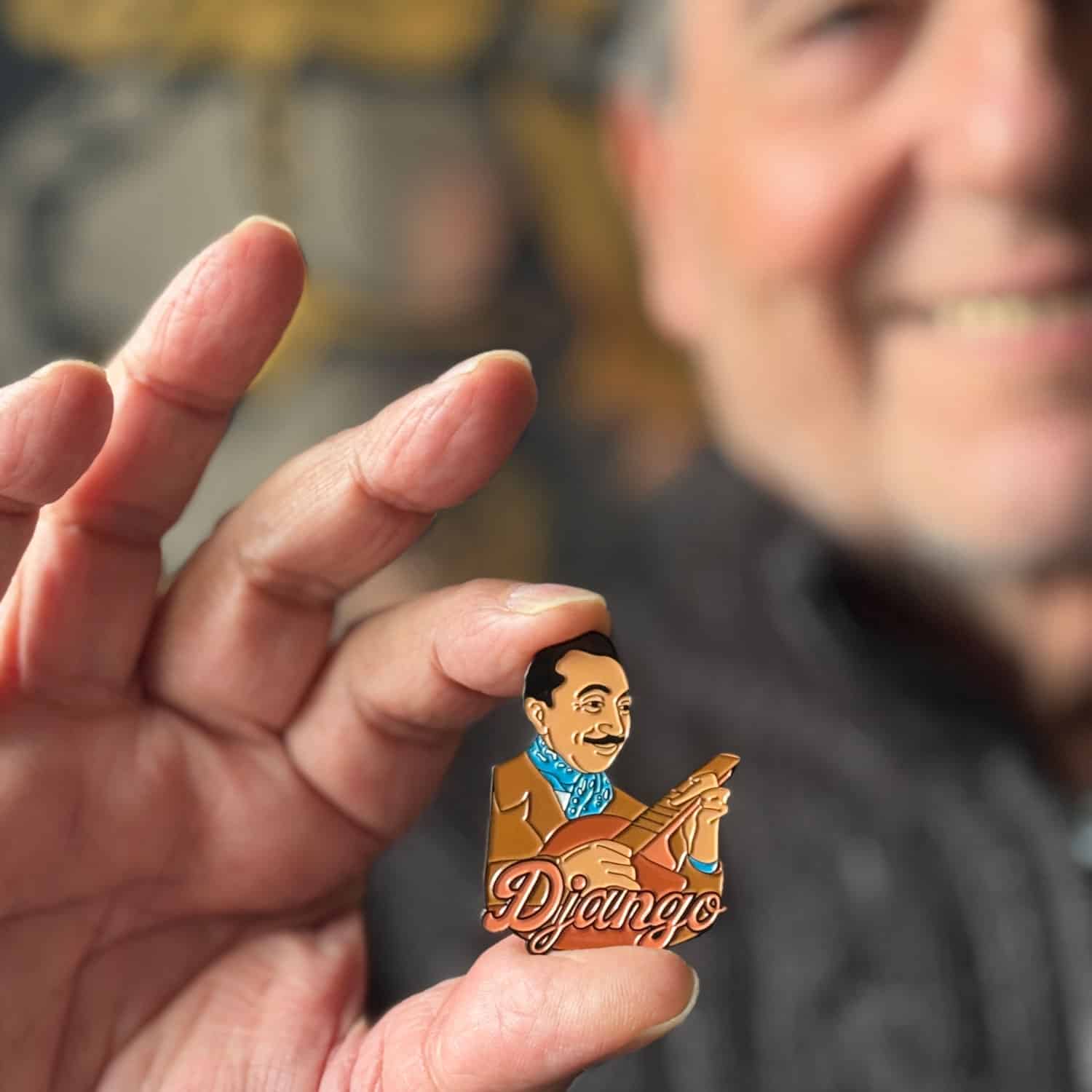 Django Pin held by Fapy Lafertin